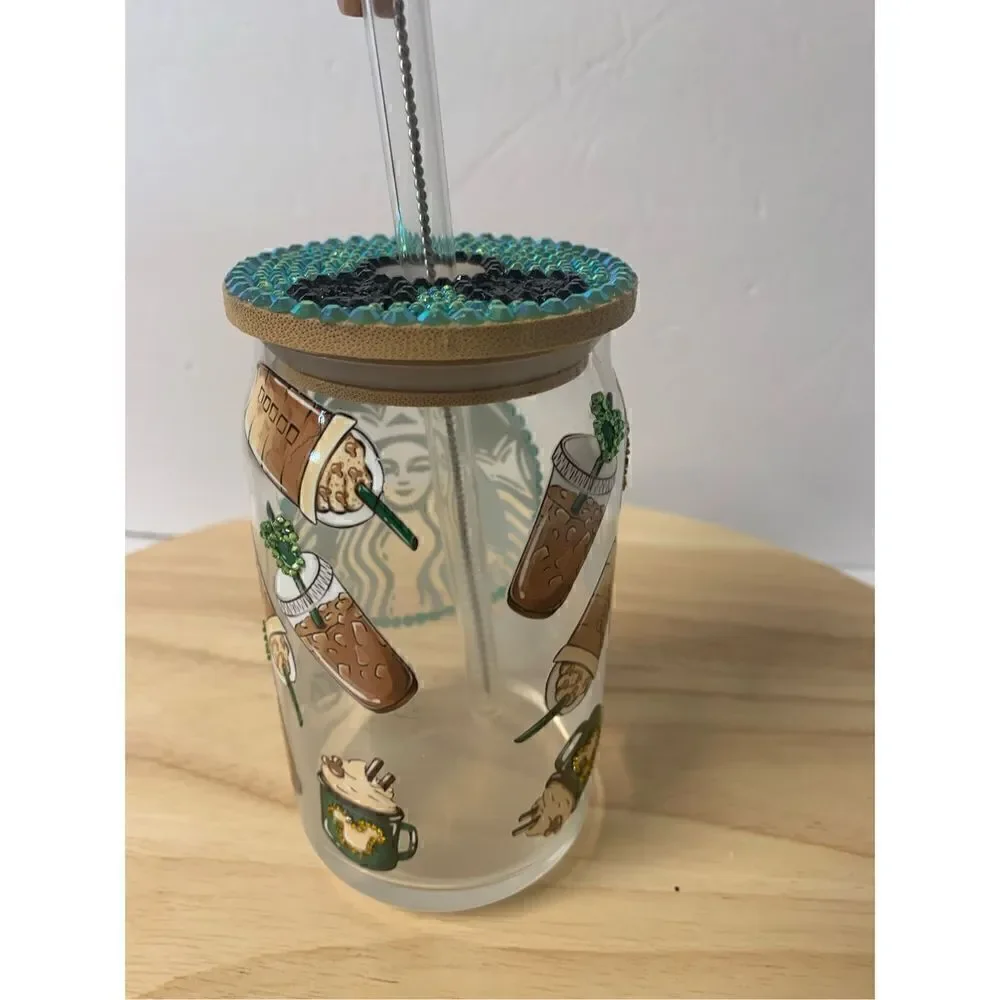 Starbucks Disney coffee handmade glass cup with straw topper